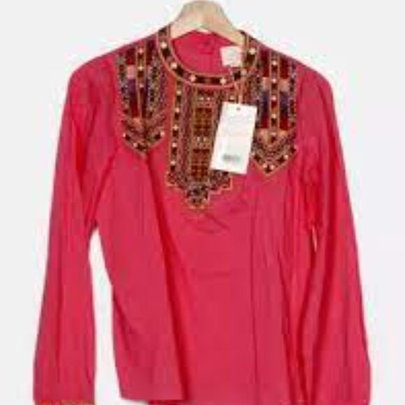 Sézane Tam Blouse with Embroidered Bib and Cuffs - Picture 6 of 9